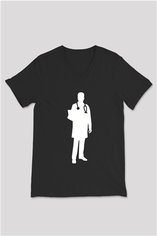 Tıp Bayramı Baskılı Unisex Siyah V Yaka Tişört - Tshirt