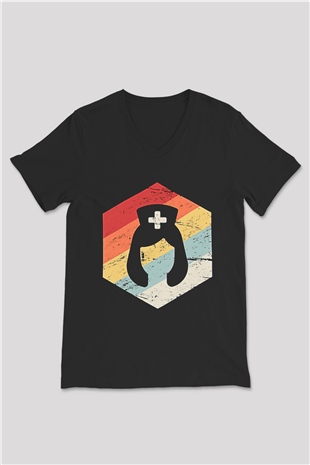 Tıp Bayramı Baskılı Unisex Siyah V Yaka Tişört - Tshirt