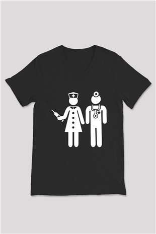 Tıp Bayramı Baskılı Unisex Siyah V Yaka Tişört - Tshirt
