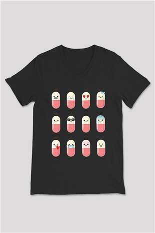 Tıp Bayramı Baskılı Unisex Siyah V Yaka Tişört - Tshirt