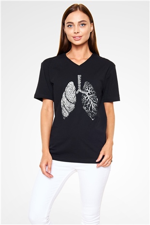 Tıp Bayramı Baskılı Unisex Siyah V Yaka Tişört - Tshirt