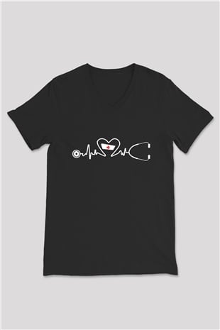 Tıp Bayramı Baskılı Unisex Siyah V Yaka Tişört - Tshirt