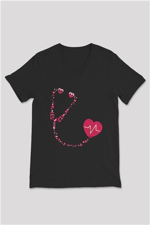 Tıp Bayramı Baskılı Unisex Siyah V Yaka Tişört - Tshirt