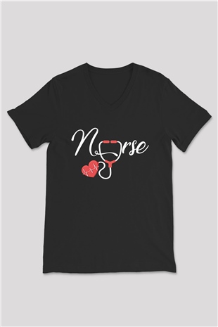 Tıp Bayramı Baskılı Unisex Siyah V Yaka Tişört - Tshirt