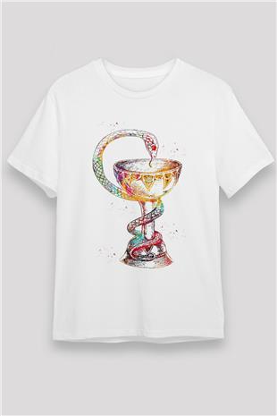 Tıp Sembolü Yılan Baskılı Unisex Beyaz Tişört - Tshirt