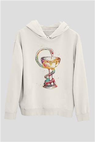 Tıp Sembolü Yılan Baskılı Unisex Ekru Hoodie