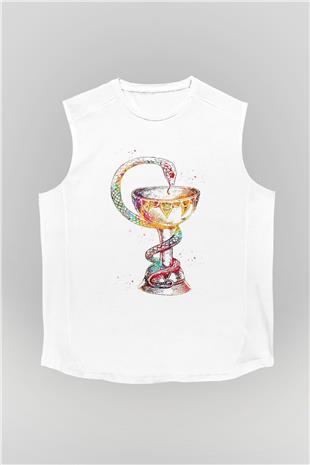Tıp Sembolü Yılan Baskılı Unisex Kolsuz Beyaz Tişört - Tshirt