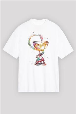 Tıp Sembolü Yılan Baskılı Unisex Oversize Beyaz Tişört - Tshirt