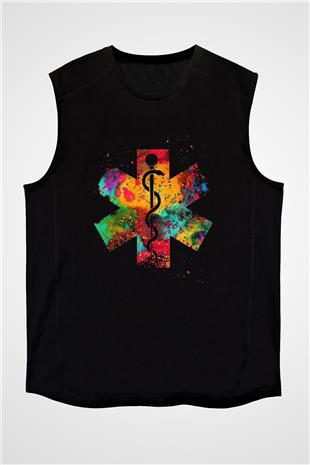Tıp Tanrısı Asclepius Baskılı Unisex Kolsuz Siyah Tişört - Tshirt