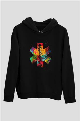 Tıp Tanrısı Asclepius Baskılı Unisex Siyah Kapüşonlu Sweatshirt