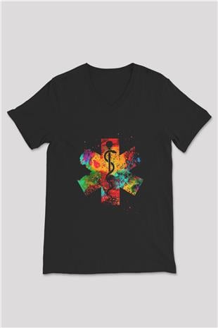 Tıp Tanrısı Asclepius Baskılı Unisex V Yaka Siyah Tİşört - Tshirt