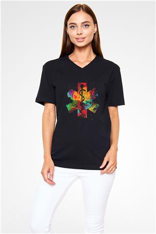 Tıp Tanrısı Asclepius Baskılı Unisex V Yaka Siyah Tİşört - Tshirt