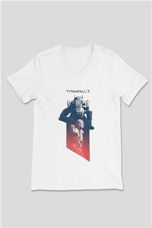 Titanfall Beyaz Unisex V Yaka Tişört