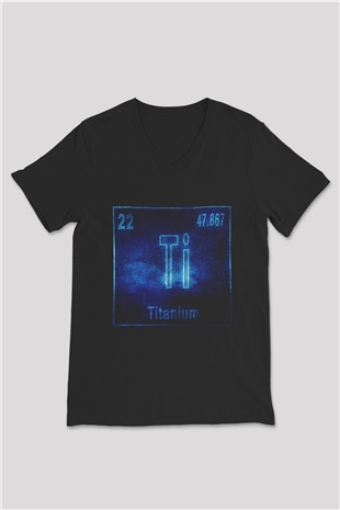 Titanyum Atom Numarası Baskılı Unisex Siyah V Yaka Tişört