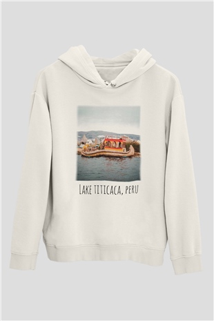 Titikaka Gölü Beyaz Unisex Kapşonlu Sweatshirt