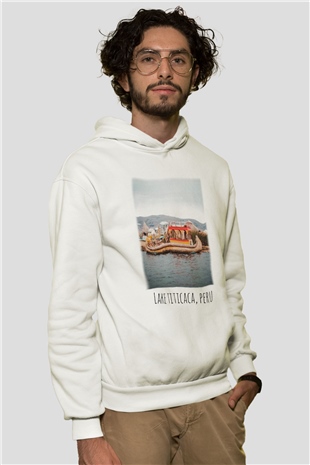 Titikaka Gölü Beyaz Unisex Kapşonlu Sweatshirt