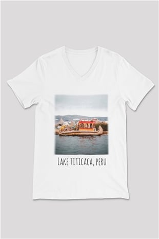 Titikaka Gölü Beyaz Unisex V Yaka Tişört T-Shirt
