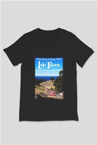 Titikaka Gölü Siyah Unisex V Yaka Tişört T-Shirt