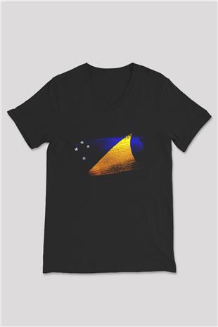 Tokelau Bayrağı Baskılı Unisex Siyah V Yaka Tişört