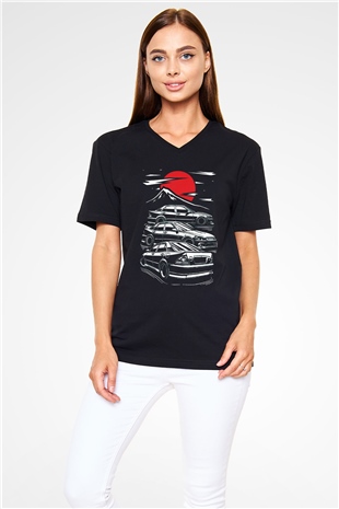 Tokyo Yarışı Baskılı Unisex Siyah  V Yaka Tişört