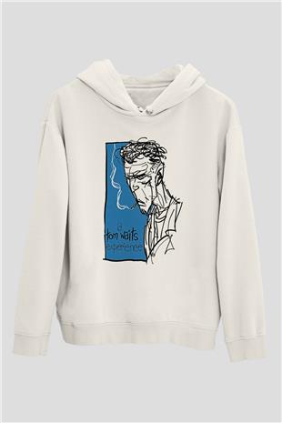 Tom Waits Baskılı Beyaz Unisex Kapüşonlu Sweatshirt