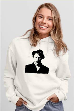 Tom Waits Baskılı Beyaz Unisex Kapüşonlu Sweatshirt