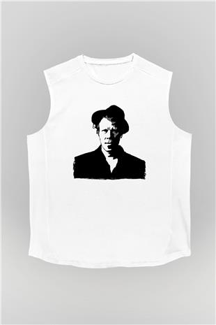 Tom Waits Baskılı Beyaz Unisex Kolsuz Tişört - Tshirt