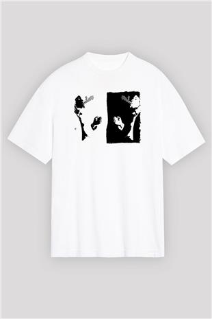 Tom Waits Baskılı Beyaz Unisex Oversize Tişört - Tshirt