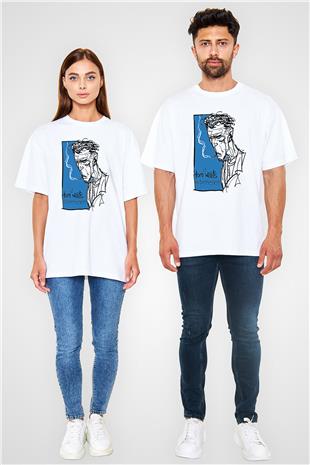 Tom Waits Baskılı Beyaz Unisex Oversize Tişört - Tshirt