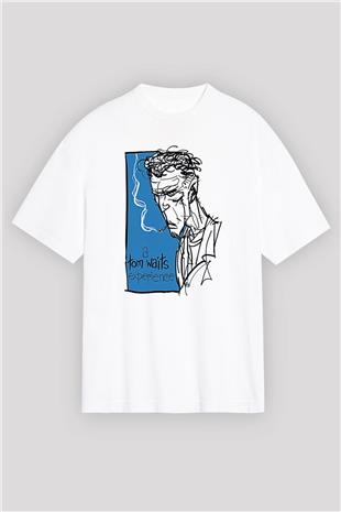 Tom Waits Baskılı Beyaz Unisex Oversize Tişört - Tshirt