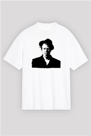 Tom Waits Baskılı Beyaz Unisex Oversize Tişört - Tshirt
