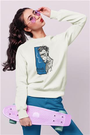 Tom Waits Baskılı Beyaz Unisex Sweatshirt