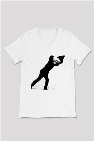 Tom Waits Baskılı Beyaz Unisex V Yaka Tişört - Tshirt