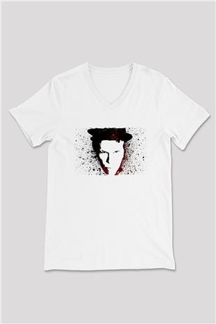 Tom Waits Baskılı Beyaz Unisex V Yaka Tişört - Tshirt