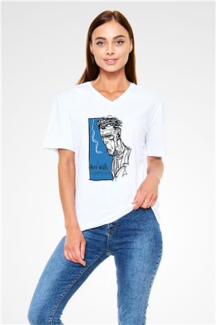 Tom Waits Baskılı Beyaz Unisex V Yaka Tişört - Tshirt
