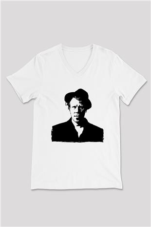 Tom Waits Baskılı Beyaz Unisex V Yaka Tişört - Tshirt