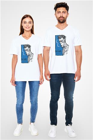 Tom Waits Baskılı Beyaz Unisex V Yaka Tişört - Tshirt