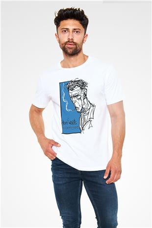 Tom Waits Baskılı Unisex Beyaz Tişört - Tshirt