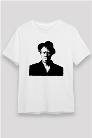 Tom Waits Baskılı Unisex Beyaz Tişört - Tshirt