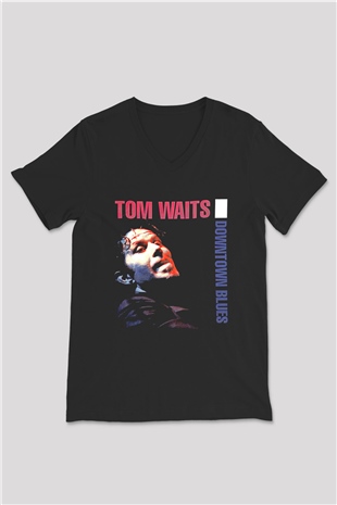 Tom Waits Baskılı Unisex Siyah V Yaka Tişört - Tshirt