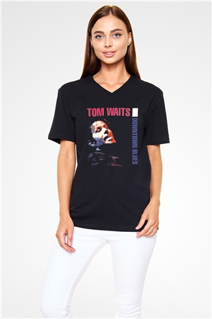 Tom Waits Baskılı Unisex Siyah V Yaka Tişört - Tshirt