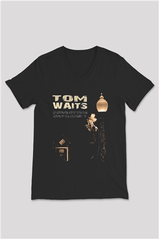 Tom Waits Baskılı Unisex Siyah V Yaka Tişört - Tshirt