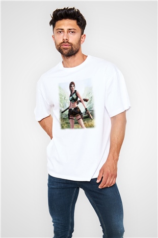 Tomb Raider Beyaz Unisex Oversize Tişört T-Shirt