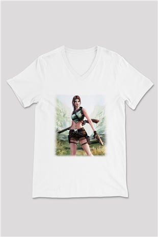 Tomb Raider Beyaz Unisex V Yaka Tişört T-Shirt