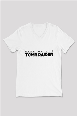 Tomb Raider Beyaz Unisex V Yaka Tişört T-Shirt