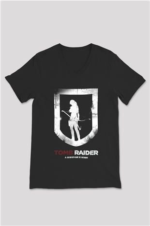 Tomb Raider Siyah Unisex V Yaka Tişört T-Shirt