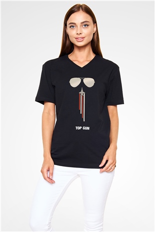 Top Gun Siyah Unisex V Yaka Tişört T-Shirt