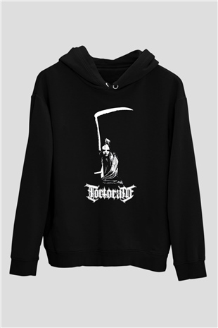 Tortorum Baskılı Unisex Siyah Kapüşonlu Sweatshirt