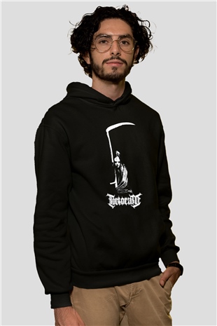 Tortorum Baskılı Unisex Siyah Kapüşonlu Sweatshirt