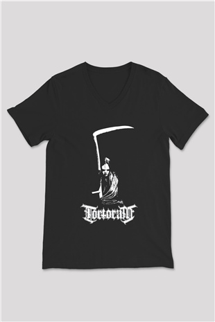 Tortorum Baskılı Unisex Siyah V Yaka Tişört - Tshirt